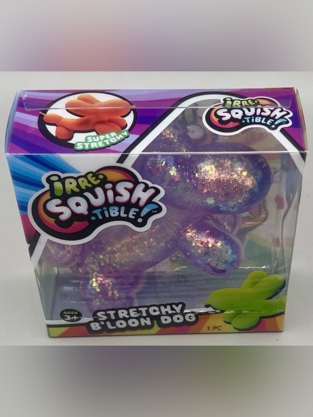 JA-RU Irre-Squish-tible! PURPLE Iridescent Stretchy B'loon Dog Toy NIB💜✨